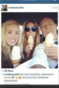 An Instagram photo that was posted by Molly West, the adult daughter of Don West, George Zimmerman’s defense lawyer.